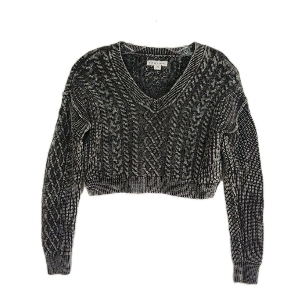 Aeropostale‎ Cropped Sweater Women's XS Gray Cable Knit V-Neck Long Sleeves